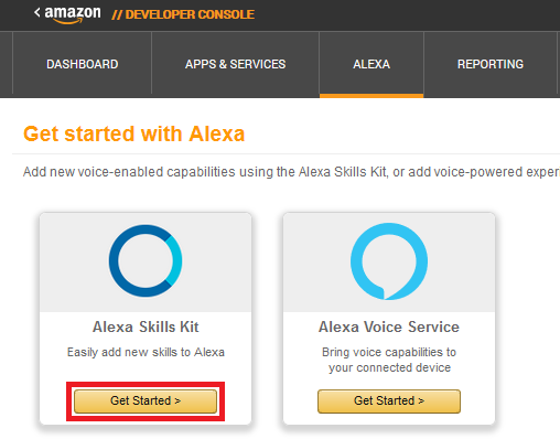 Alexa Skill erstellen: Developer Console > Alexa > Get Started